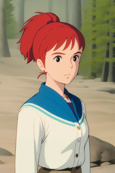 ghibli,, masterpiece,ultra realistic,32k,extremely detailed CG unity 8k wallpaper, best quality,(winter day ),lady ,necklace ,eardrop, Yosemite National Park, United States, ( Amber layer a silk blouse under a cashmere cardigan with skinny jeans ) , Red hair Top knot ,