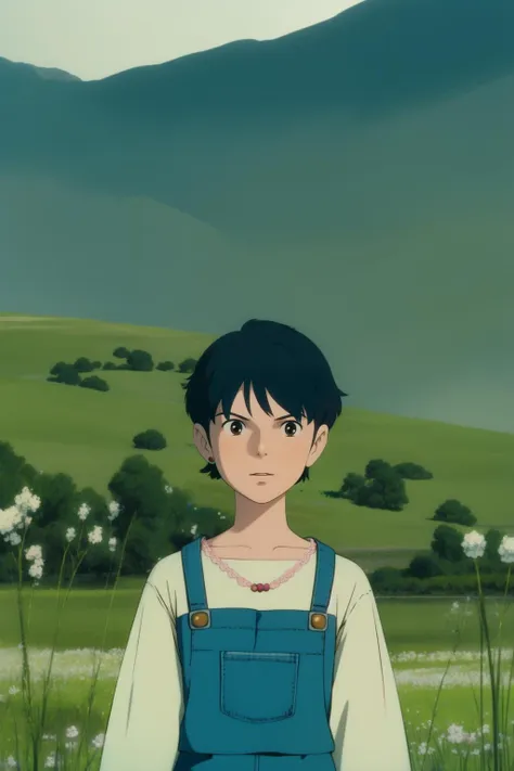 ghibli,, masterpiece,ultra realistic,32k,extremely detailed CG unity 8k wallpaper, best quality,(spring day ),lady ,necklace ,eardrop, The Salar de Uyuni, Bolivia, ( fluorescent blue moss overalls, lace camisole ) , two-tone hair hair Pixie cut ,