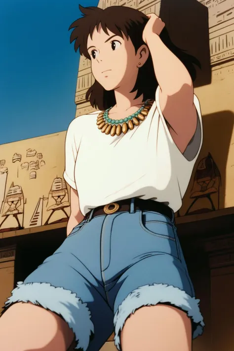 ghibli,, masterpiece,ultra realistic,32k,extremely detailed CG unity 8k wallpaper, best quality,(summer day ),lady ,necklace ,eardrop, The Pyramids of Giza, Egypt, ( dark white pairing denim with unexpected pieces ) , Chestnut brown hair messy hair ,