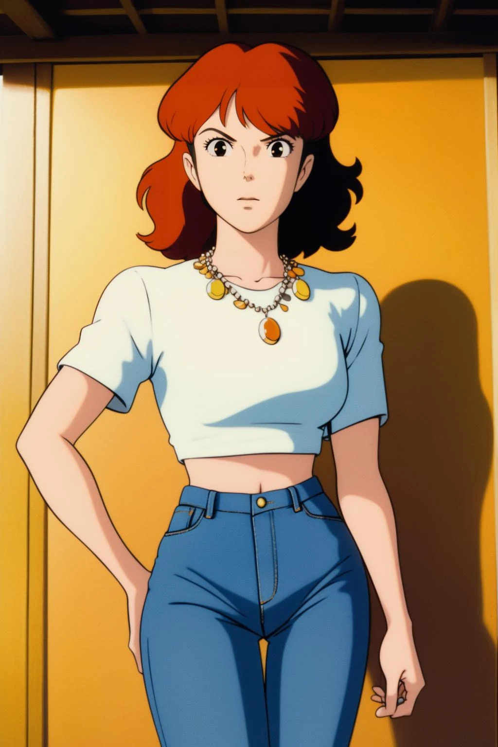 ghibli,, masterpiece,ultra realistic,32k,extremely detailed CG unity 8k wallpaper, best quality,(winter day ),lady ,necklace ,eardrop, Machu Picchu, Peru, ( Orange going for a retro look with high-waisted jeans and a crop top ) , Medium brown hair Long waves ,