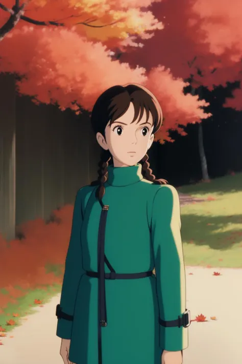 ghibli,, masterpiece,ultra realistic,32k,extremely detailed CG unity 8k wallpaper, best quality,(autumn day ),lady ,necklace ,eardrop, Hawaii, United States, ( Teal layer a trench coat over a turtleneck sweater with wide-leg pants ) , Ombre hair braid ,