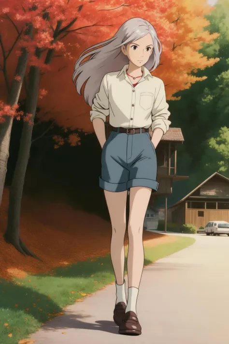 ghibli,, masterpiece,ultra realistic,32k,extremely detailed CG unity 8k wallpaper, best quality,(autumn day ),lady ,necklace ,eardrop, Glacier National Park, United States, ( deep pink pair a button-down shirt with tailored shorts and loafers. ) , Silver hair Layered hair ,