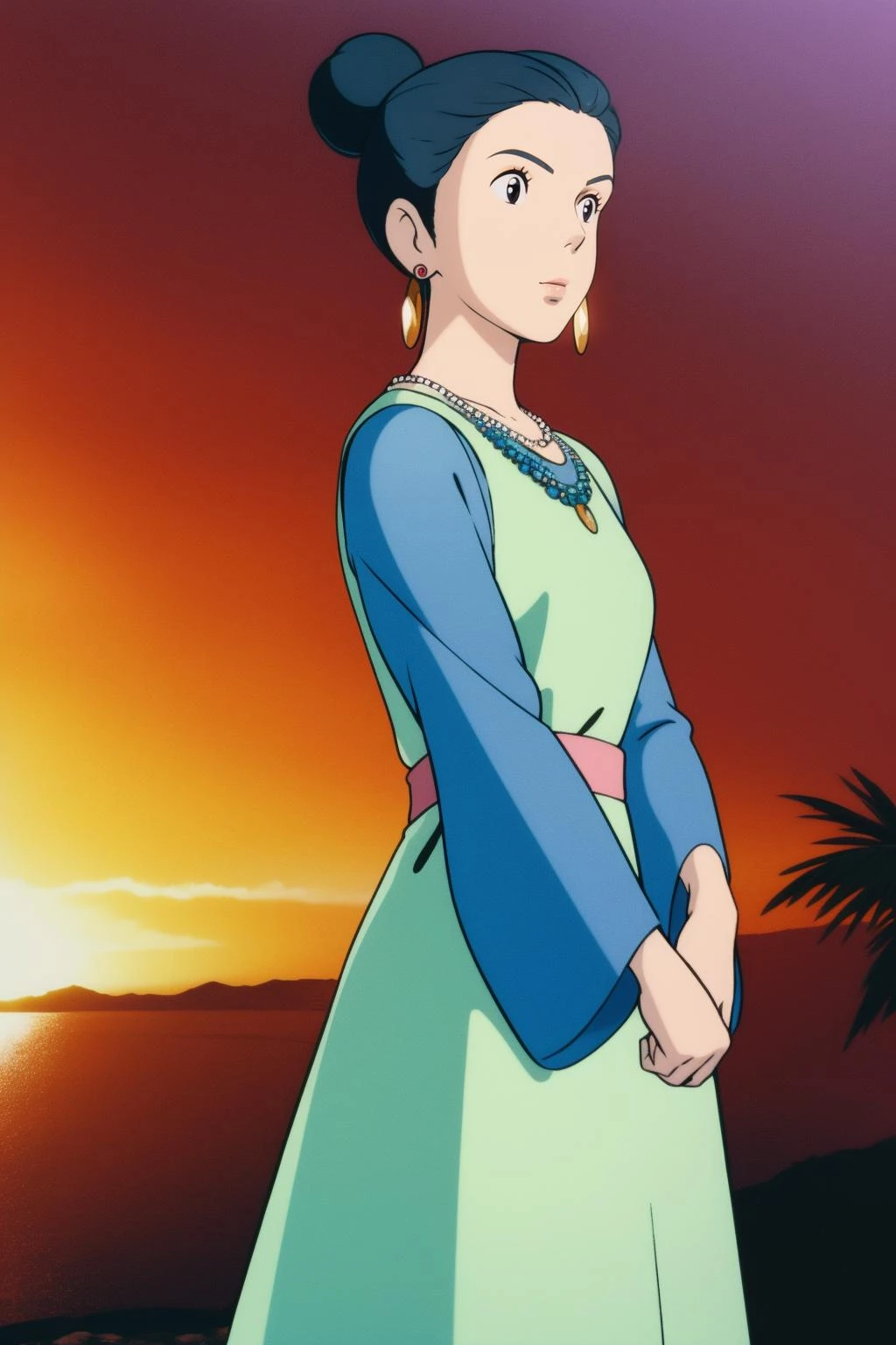 ghibli,, masterpiece,ultra realistic,32k,extremely detailed CG unity 8k wallpaper, best quality,(summer day ),lady ,necklace ,eardrop, Rio de Janeiro, Brazil, ( Neutral wear a long-sleeved maxi dress with statement earrings ) , dark blue hair hair Low bun ,