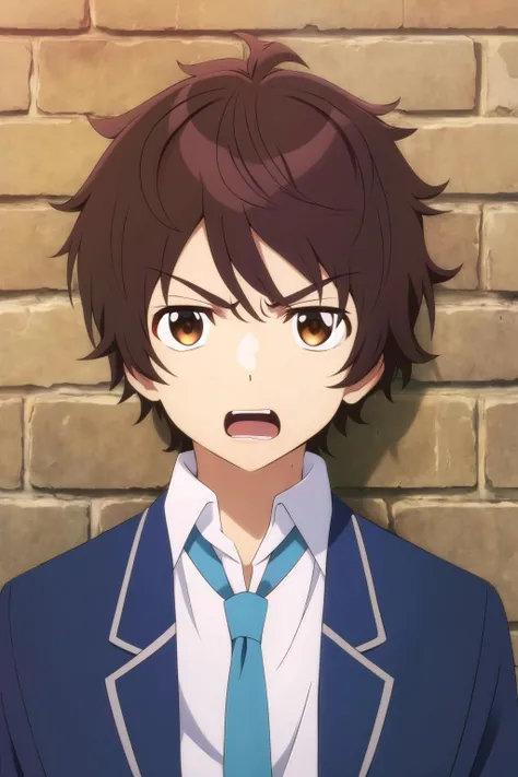 masterpiece, best quality, shun_tokinoya, 1boy, solo, portrait, looking at viewer, against wall, (brick wall), brown hair, brown eyes, angry, shouting, open mouth, school uniform, blue jacket, open jacket, white shirt, aqua necktie,