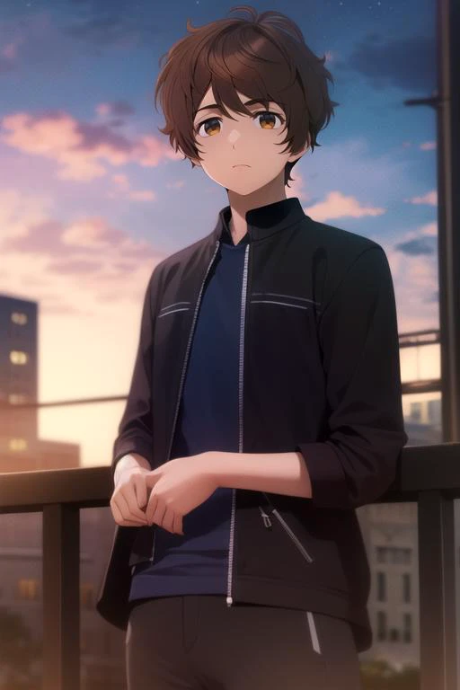 photorealistic, (4k), depth of field, (Masterpiece), (realistic skin texture), extremely detailed, intricate, hyper detailed, high resolution, professional photography, , depth of field, sharp detail, best quality, , 1boy, solo, male focus, <lora:shun_tokinoya:1>, shun_tokinoya, brown hair, brown eyes, short hair, , , night sky, 12k resolution