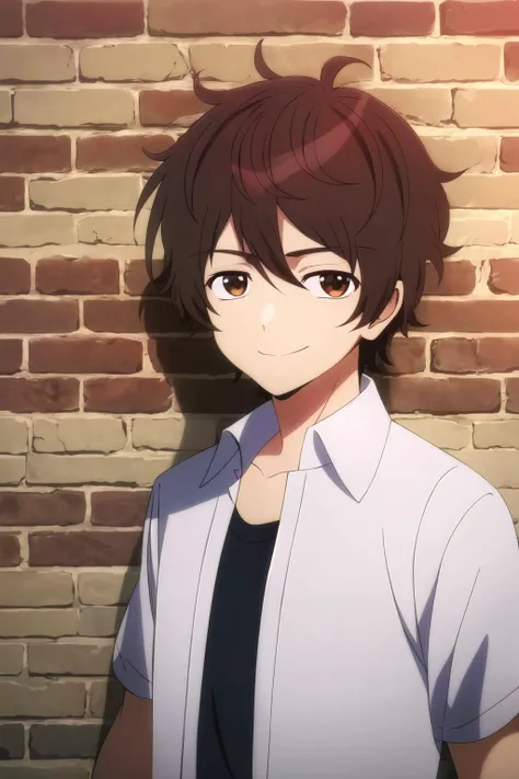 masterpiece, best quality, shun_tokinoya, 1boy, solo, portrait, looking at viewer, against wall, (brick wall), brown hair, brown eyes, smirk, (casual, open clothes, layered clothes, ((white collared shirt), open shirt), black t-shirt),