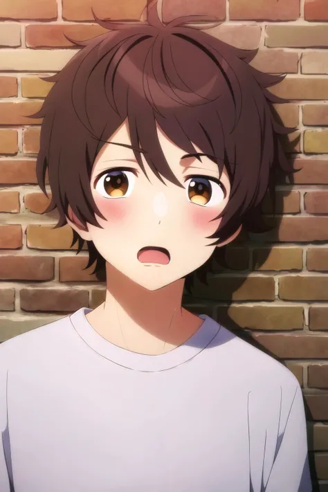 masterpiece, best quality, shun_tokinoya, 1boy, solo, portrait, looking at viewer, against wall, (brick wall), brown hair, brown eyes, sanpaku, wide-eyed, o o, surprised, blush, open mouth, white t-shirt,