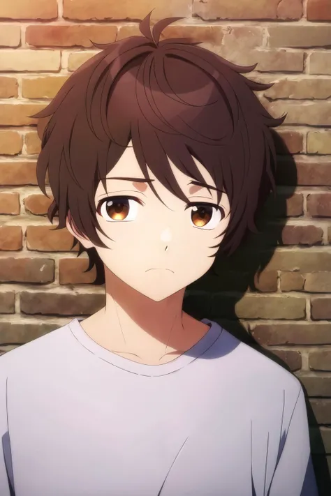masterpiece, best quality, shun_tokinoya, 1boy, solo, portrait, looking at viewer, against wall, (brick wall), brown hair, brown eyes, sad, white t-shirt,