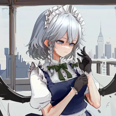 adjusting gloves, black gloves, 1girl, solo, upper body, masterpiece, best quality, touhou, izayoi sakuya, bangs, hair between eyes, twin braids, maid dress, maid headwear, flat chest <lyco:Saya-adjusting gloves:1> <lora:Izayoi Sakuya:1>