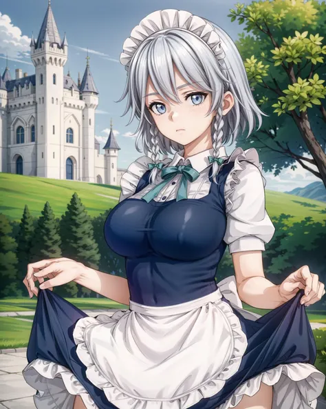 1girl, solo, touhou, izayoi sakuya, white shirt, puffy short sleeves, frills, white maid apron, maid headdress, blue dress, (skirt lift:1.2),panties, looking at viewer, expressionless, outdoors, outside of a castle, <lora:Izayoi Sakuya:0.6>, <lora:add_detail:1> , masterpiece, best quality,