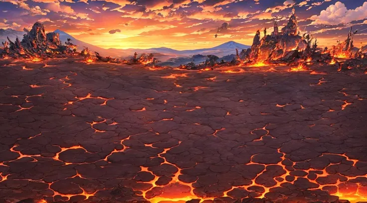 Concept art, horizontal scenes, horizontal line composition, fire, scenery, molten rock, sky, cloud, outdoors, no humans, sunset, mountain<lora:hengban:0.8>,