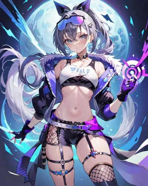 1girl, solo, breasts, looking at viewer, hair ornament, gloves, ribbon, navel, jacket, white shirt, hair ribbon, grey hair, black gloves, midriff, fingerless gloves, black jacket, crop top, grey eyes, thigh strap, black choker, drill hair, black shorts, sunglasses, eyewear on head, silverwolf <lora:silverwolf_v12_XL:0.7>