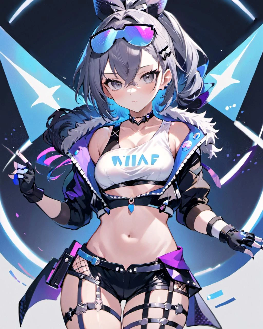 1girl, solo, breasts, looking at viewer, hair ornament, gloves, ribbon, navel, jacket, white shirt, hair ribbon, grey hair, black gloves, midriff, fingerless gloves, black jacket, crop top, grey eyes, thigh strap, black choker, drill hair, black shorts, sunglasses, eyewear on head, silverwolf <lora:silverwolf_v12_XL:0.7>