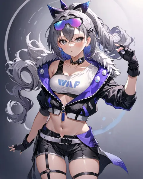 (masterpiece), best quality, (warm color:1.2), (warm lighting:1.2), full body, expressive eyes, beautiful elegant face, drunk expression, {{Silverwolf:1.2}}, 1girl, solo, long hair, medium breasts, looking at viewer, hair ornament, gloves, ribbon, navel, jacket, hair ribbon, grey hair, black gloves, midriff, fingerless gloves, black jacket, crop top, grey eyes, thigh strap, black choker, drill hair, black shorts, sunglasses, eyewear on head,