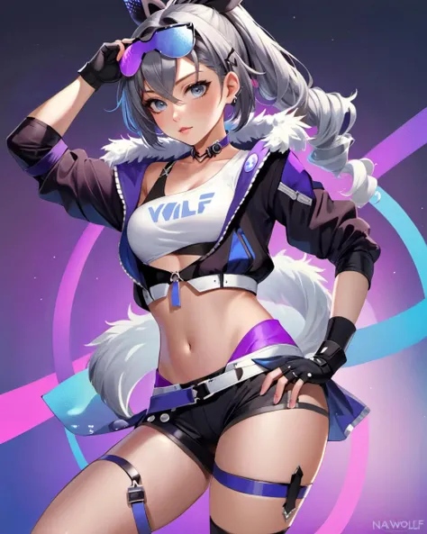 1girl, solo, breasts, looking at viewer, hair ornament, gloves, ribbon, navel, jacket, white shirt, hair ribbon, grey hair, black gloves, midriff, fingerless gloves, black jacket, crop top, grey eyes, thigh strap, black choker, drill hair, black shorts, sunglasses, eyewear on head, silverwolf <lora:silverwolf_v12_XL:0.7>