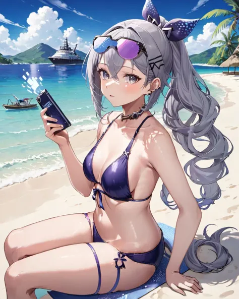 1girl, solo, swimsuit, eyewear on head, drill hair, hair ornament, hair ribbon, holding phone, silverwolf <lora:silverwolf_v12_XL:0.9>