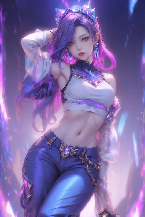 best quality, 1girl, solo, long hair, looking at viewer, multicolored hair, earrings, detached sleeves, midriff, pants, k/da \(league of legends\) ,<lora:kda_v2:0.8>