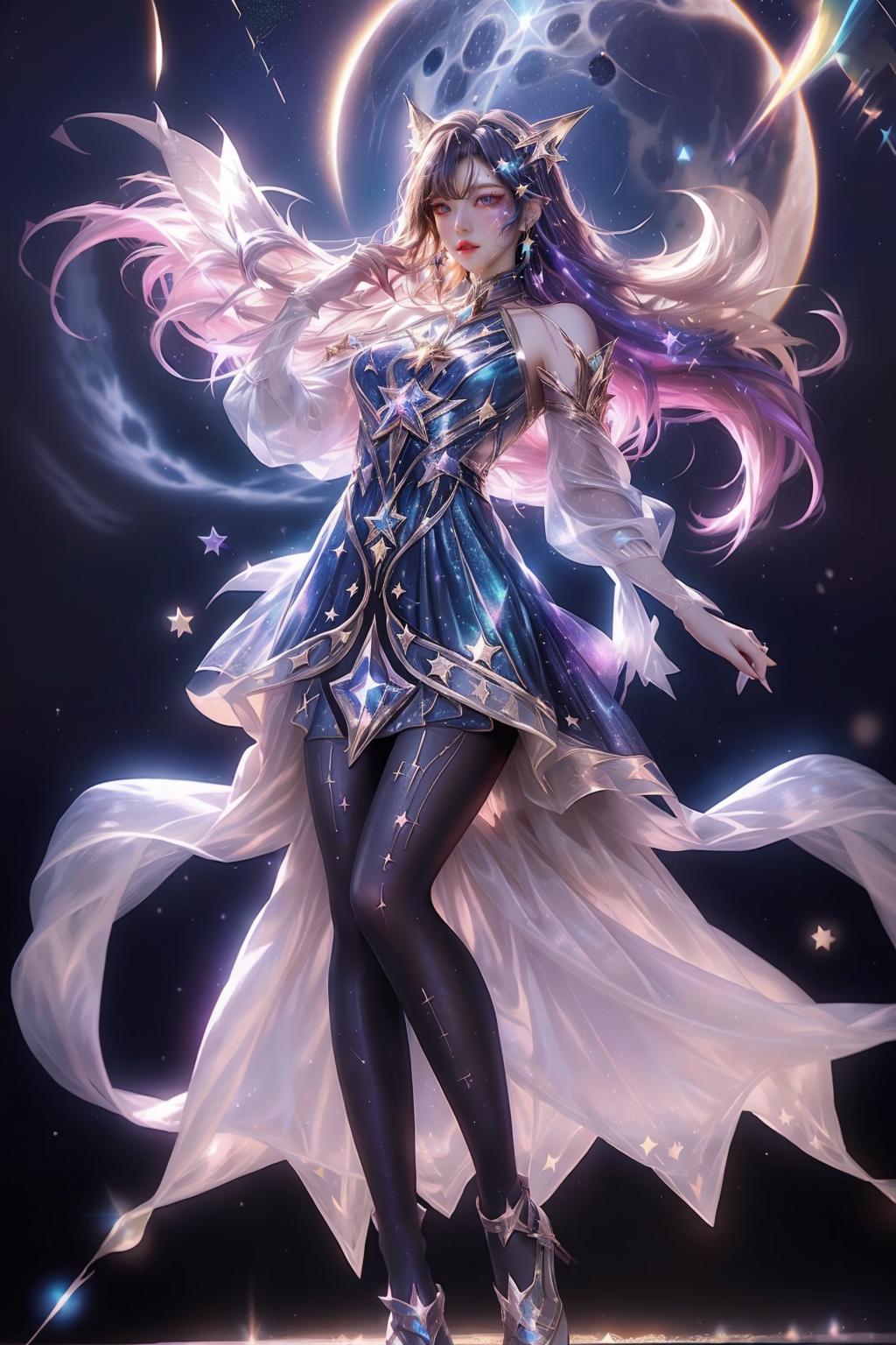 A woman in a blue dress with long hair and a white cape - SeaArt AI