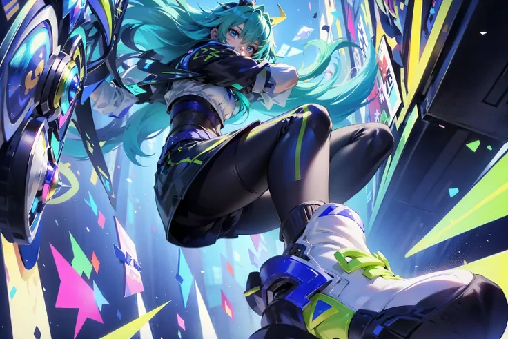 <lora:Zata S-Dreamer:0.8>,Zata S-Dreamer, (1boy:1.4), male focus, solo, long hair, very long hair, hair ornament, portrait, green hair, blue hair, aqua hair, ahoge, headgear, feathers, blue eyes, multicolored eyes, eyeshadow, hair between eyes, makeup, covered mouth, mask, mouth mask, black mask, high collar, bodysuit, jacket, cropped jacket, shirt, pants, black pants, short sleeves, gloves, black gloves, fingernails, claws, belt, zipper, pantyhose, boots, shoes, white footwear sneakers, glowing, power symbol, speech bubble, cube, patterned, neon trim, cat, simple background, highres,absurdres,masterpiece,best quality,original,extremely detailed CG,extremely detailed wallpaper,perfect lighting,looking at viewer,1girl,blurry background,bare hands, <lora:kda_v3:0.4>