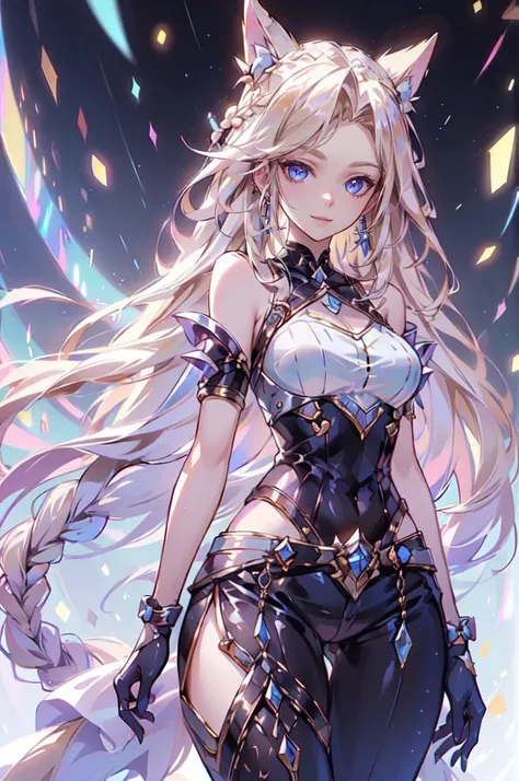 <lora:kda_v3:0.7> kda,, ultra detailed, masterpiece, best quality, aesthetic, detailed,, solo, soft smile, light smile,
1girl, blue eyes, very long hair, blonde hair, long blonde hair, french braid, bangs, medium breasts,