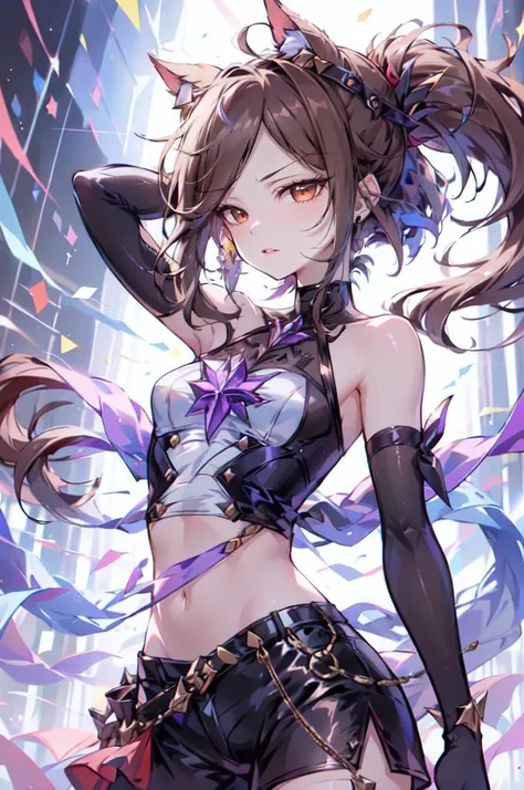 <lora:kda_v3:0.7> kda,, ultra detailed, masterpiece, best quality, aesthetic, detailed,, solo, frown,
1girl, red eyes, <lora:Tsurime3:1>, (tsurime:1.2), (brown hair:1.3), medium hair, (asymmetrical bangs, swept bangs, cowlick:1.35), flipped hair, <lora:foldedponytail:0.8> foldedponytail, folded ponytail, (small breasts:1.3),, fingerless gloves, shimenawa hair tie, sleeveless turtleneck, crop top, groin, (shimenawa:1.3), (shimenawa sash:1.3), (overskirt:1.2), shorts, flats, bandages, bandaged arm, bare legs, navel,