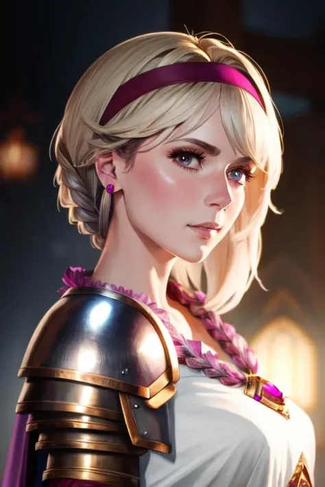 (women:1.2), pretty face, black armor, heavy armor, looking at viewer, realistic,shoulder to shoulder,temple background,violet eyes,ruby gem ornament,centered,templar,cape,portrait, (((white hair))), braid, fit ratio,masterpiece, golden ratio,fit the frame, detailed skin texture, (blush:0.5), (goosebumps:0.5), subsurface scattering, (Extremely Detailed Oil Painting:1.2), glow effects, godrays, Hand drawn, render, 8k, octane render, cinema 4d, blender, dark, atmospheric 4k ultra detailed, cinematic sensual, Sharp focus, humorous illustration, big depth of field, Masterpiece, colors, 3d octane render, 4k, concept art, trending on artstation, hyperrealistic, Vivid colors, extremely detailed CG unity 8k wallpaper, trending on ArtStation, trending on CGSociety, Intricate, High Detail, dramatic, djeeta \(granblue fantasy\), (pink hairband), thigh boots, <lora:granblue_djeeta-10:1>