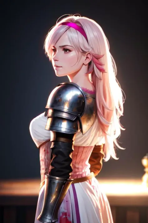 (women:1.2), pretty face, black armor, heavy armor, looking at viewer, realistic,shoulder to shoulder,temple background,violet eyes,ruby gem ornament,centered,templar,cape,portrait, (((white hair))), braid, fit ratio,masterpiece, golden ratio,fit the frame, detailed skin texture, (blush:0.5), (goosebumps:0.5), subsurface scattering, (Extremely Detailed Oil Painting:1.2), glow effects, godrays, Hand drawn, render, 8k, octane render, cinema 4d, blender, dark, atmospheric 4k ultra detailed, cinematic sensual, Sharp focus, humorous illustration, big depth of field, Masterpiece, colors, 3d octane render, 4k, concept art, trending on artstation, hyperrealistic, Vivid colors, extremely detailed CG unity 8k wallpaper, trending on ArtStation, trending on CGSociety, Intricate, High Detail, dramatic,  djeeta \(granblue fantasy\), (pink hairband), thigh boots,  <lora:granblue_djeeta-10:1>