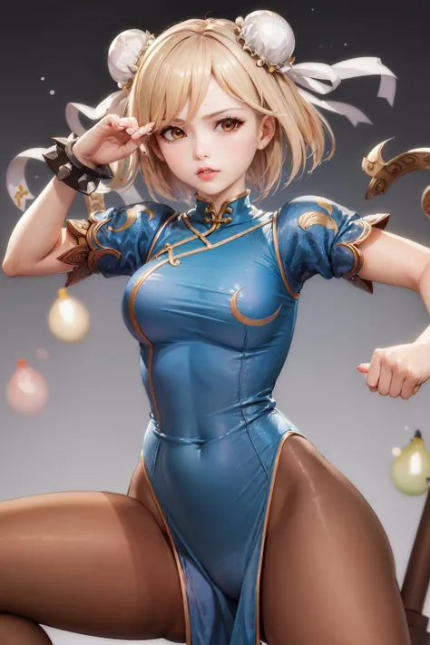 (masterpiece, best quality:1.2), <lora:granblue_djeeta-10:1>, solo, 1girl, djeeta, serious, fighting stance, blonde hair, double bun, brown eyes, djeetachunli, chinese clothes, china dress, puffy sleeves, pelvic curtain, brown pantyhose, spikes