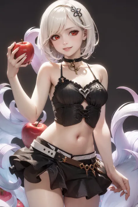 (masterpiece, best quality:1.2), <lora:granblue_djeeta-10:1>, cowboy shot, solo, 1girl, djeeta, pale skin, evil smile, looking at viewer, holding apple, white hair, red eyes, djeetaego, crop top, sleeveless, black skirt, choker