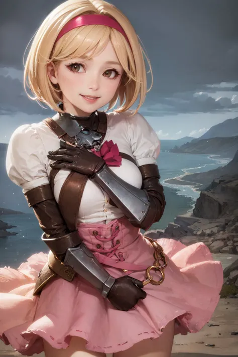 (masterpiece, best quality:1.2), <lora:granblue_djeeta-10:1>, cowboy shot, solo, 1girl, djeeta, smile, looking at viewer, blonde hair, hairband, brown eyes, djeetadef, armor, pink dress, bow, pink skirt, gauntlets