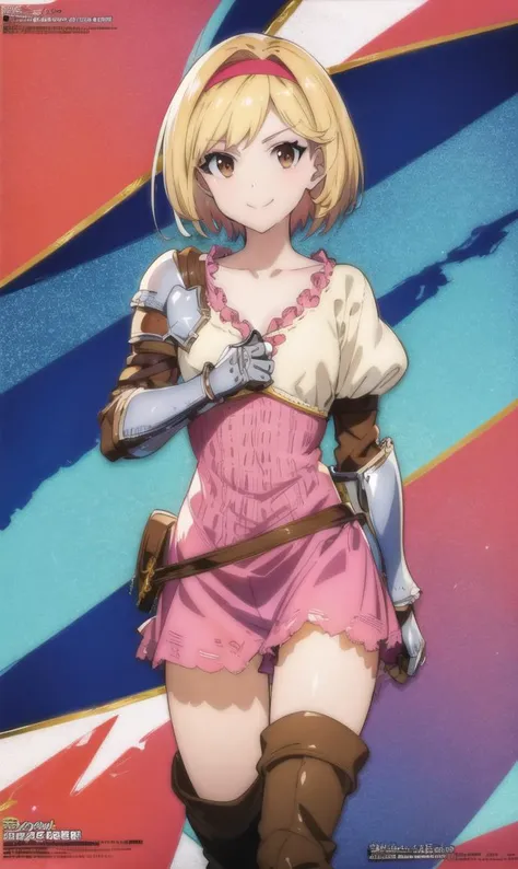 (masterpiece, best quality:1.4), (((insanely detailed official art))), ((awesome detailed)), [hyper detailed], [ultra detailed],cowboy shot, (sharp eyeliner, eyeshadow, detailed eyes:1.1), small head, solo, 1girl, djeeta \(granblue fantasy\),blonde hair, brown eyes, smile, looking at viewer, pink hairband, djeetadef, thigh boots, collarbones, gauntlets, armor, (full body: 1.5),  <lora:granblue_djeeta-10:1>