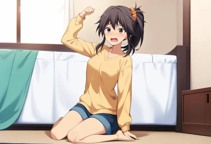 1girl, yuzuri\(memories off 8\), solo, long sleeves yellow shirt, barefoot, yawling, stretching, orange hairscrunchie, indoors, waiza, brown hair, ponytail, one side up, black eyes, masterpiece, best quality, very aesthetic, absurdres, <lora:yuzuri-1.3:1>