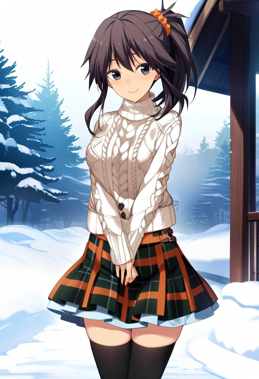 1girl, yuzuri\(memories off 8\), white aran sweater, black legwear, plaid skirt, standing , brown hair, ponytail, black eyes, smile, v arms, orange hairscrunchie, looking at viewer, winter, snow, masterpiece, best quality, very aesthetic, absurdres, <lora:yuzuri-1.3:1>