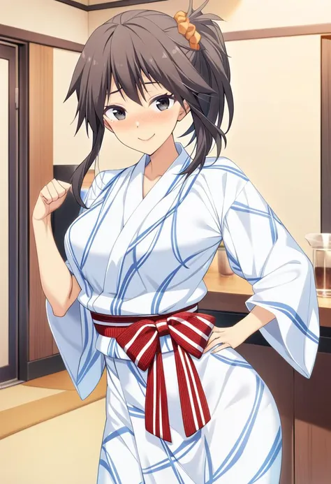 1girl, yuzuri\(memories off 8\), solo, white yukata, solo, standing, red sash, red bow, looking at viewer, hand on hip, blush, smile, orange hairscrunchie, indoors, masterpiece, best quality, very aesthetic, absurdres, <lora:yuzuri-000015:1>