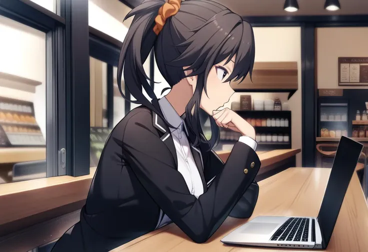 1girl, yuzuri\(memories off 8\), solo, black blazer, cafe shop, profile, sitting, black legwear, laptop on table, window, thinking, orange hairscrunchie, ray racing, masterpiece, best quality, very aesthetic, absurdres, <lora:yuzuri-000015:1>