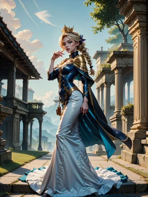 (masterpiece:1.2), (best quality), (ultra detailed), (8k, 4k, intricate),(full-body-shot:1), (highly detailed:1.2),(detailed face:1.2), (detailed background),detailed landscape, (dynamic pose:1.2), 1girl, solo, looking at viewer, short hair, bangs, blonde hair, shirt, hair ornament, closed mouth, green eyes, (full body shot:1.3), braid, pointy ears, hairclip, cape, from side, parted bangs, blue shirt, portrait, forehead, black cape, crown braid   <lora:edgFantasyDress:1> edgFantasy_dress, wearing edgFantasy_dress, look for other words in prompt/copy prompt syntax