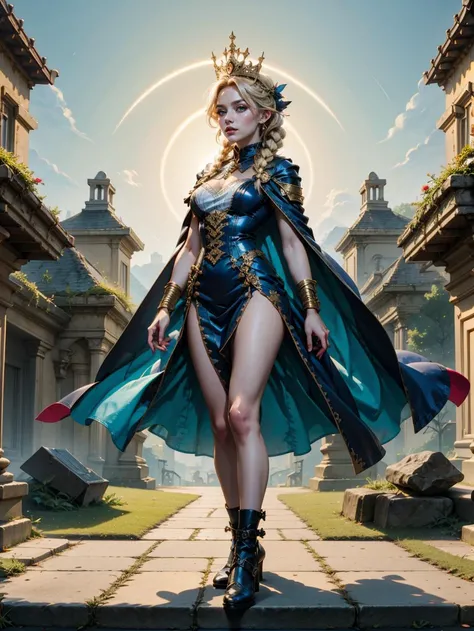 Full body portrait of one extremely beautiful blonde young woman, perfection, tall, huge breasts, impressive cleavage, powerful, determined, confident, powerful sorceress walking down stairs, charismatic badass, omnipotent, very sensual, very sexy, in a medieval fantasy setting, rich magical academy hall, masterpiece, dynamic intense lighting, epic shot, highly detailed, eloquent shot, large shot,