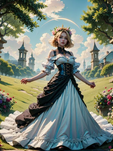 (masterpiece:1.2), (best quality), (ultra detailed), (8k, 4k, intricate),(full-body-shot:1), (in a field of flowers:1.2), (dynamic pose:1.2), 1girl, solo, looking at viewer, short hair, bangs, blonde hair, shirt, hair ornament, closed mouth, green eyes, parted bangs, blue shirt, portrait, forehead, <lora:edgFantasyDress:1> edgFantasy_dress, wearing edgFantasy_dress,