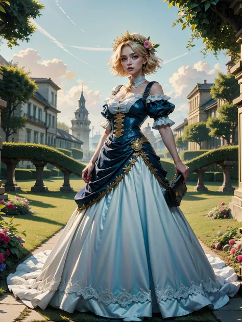 (masterpiece:1.2), (best quality), (ultra detailed), (8k, 4k, intricate),(full-body-shot:1), (in a field of flowers:1.2), (dynamic pose:1.2), 1girl, solo, looking at viewer, short hair, bangs, blonde hair, shirt, hair ornament, closed mouth, green eyes, parted bangs, blue shirt, portrait, forehead, <lora:edgFantasyDress:1> edgFantasy_dress, wearing edgFantasy_dress,