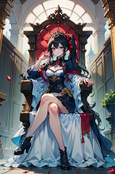 <lora:edgFantasyDress:0.8> edgFantasy_dress, wearing edgFantasy_dress, throne room, red banners, falling petals, sitting, crossed legs, tiara, (black and red theme:1.2),, absurdres, ultra detailed, masterpiece, best quality, aesthetic, detailed,, solo, smug smile, 1girl, purple eyes, red-framed eyewear, (black hair, red colored tips:1.2), red streaked hair, very long hair, side ponytail, tied hair, medium breasts,