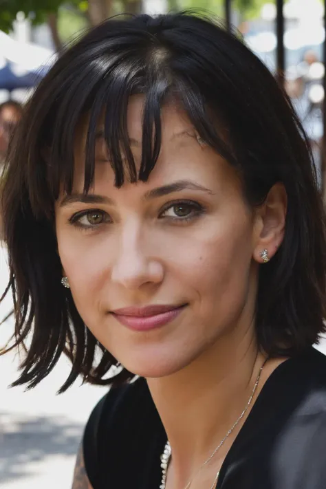 spm piercing eyes, looking straight, very happy,short dark hair, wearing a black dress, closeup portrait, in a outdoor cafe in 2015, afternoon light,<lyco:SophieMarceau-RealVision-V1.0:1.0>