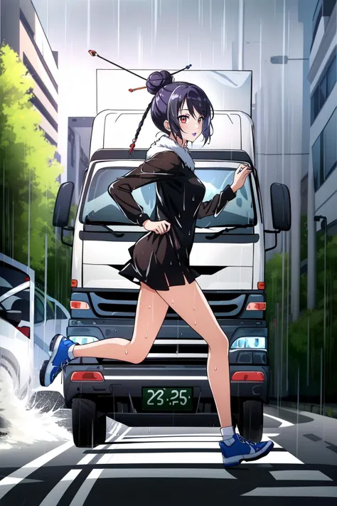 (masterpiece, best quality), intricate details,
1girl, <lora:lulu_ff10-10:0.8> lulu_ff10, red eyes, jewelry, mole, purple lipstick, hair bun, fur trim
running, street, rain, wet, see-through, <lora:Truckkun:0.8> Truck-kun, ground vehicle, crash, getting hit by Truck-kun, fleeing, motion lines