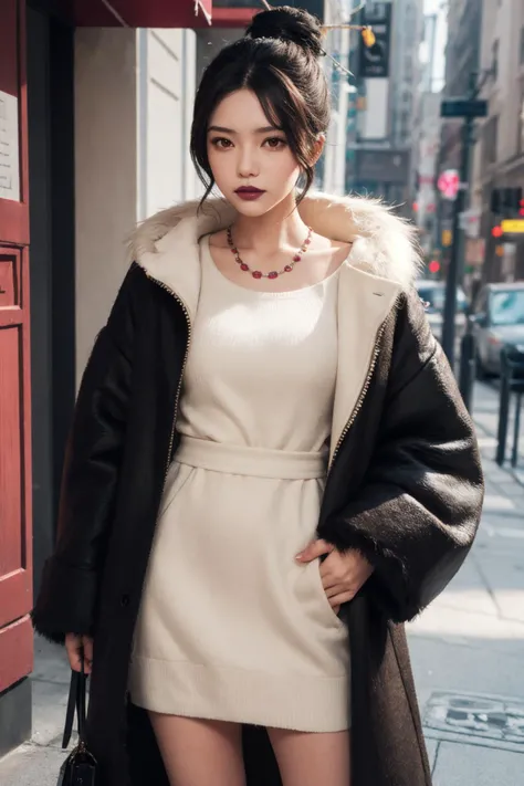 <lora:lulu_ff10-10:0.8> ,lulu_ff10, red eyes, jewelry, mole, lipstick, hair bun, standing, fur trim, coat
