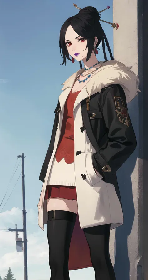 lulu_ff10,red eyes,jewelry,mole,lipstick,hair bun,standing,fur trim,coat,<lora:lulu_ff10:0.8>,