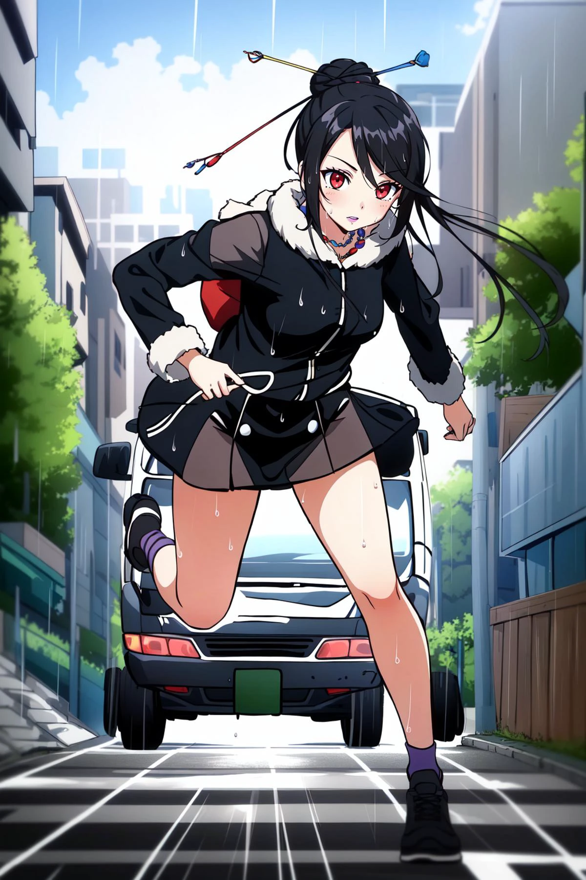 (masterpiece, best quality), intricate details,
1girl, <lora:lulu_ff10-10:0.8> lulu_ff10, red eyes, jewelry, mole, purple lipstick, hair bun, fur trim
running, street, rain, wet, see-through, <lora:Truckkun:0.8> Truck-kun, ground vehicle, crash, getting hit by Truck-kun, fleeing, motion lines