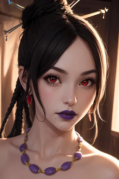 (masterpiece, best quality), 1girl, beautiful face,  <lora:lulu_ff10:1> lulu_ff10, red eyes, jewelry, mole, purple lipstick, hair bun, fur trim