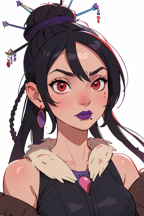 (masterpiece, best quality), 1girl, beautiful face, <lora:lulu_ff10:1> lulu_ff10, red eyes, jewelry, mole, purple lipstick, hair bun, fur trim