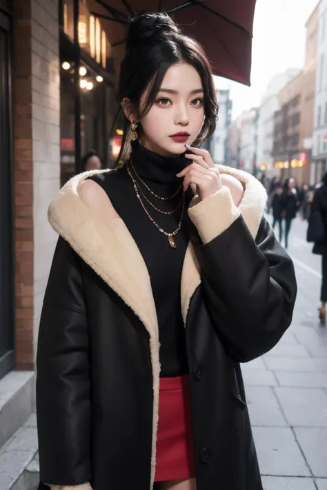<lora:lulu_ff10-10:0.8> ,lulu_ff10, red eyes, jewelry, mole, lipstick, hair bun, standing, fur trim, coat