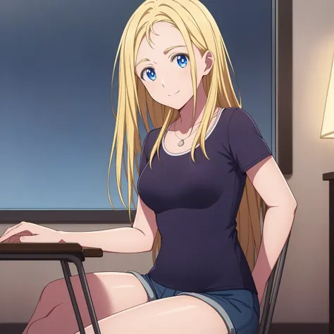 ((masterpiece)),((highres)),((best quality)),((highly detailed)),((extremely detailed CG unity 8k wallpaper)),illustration,Ushio,medium breasts,facing viewer,light smile,t shirt,shorts,closed mouth,sitting,adjusting hair,window,night,