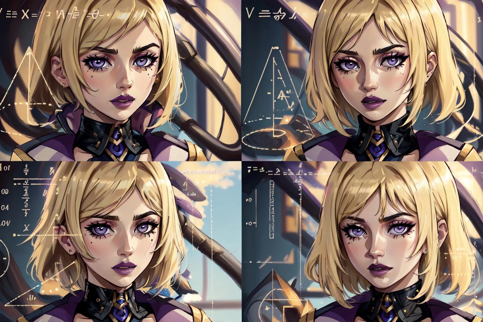 (masterpiece, best quality), intricate details,
<lora:soul_fighter_evelynn_lol:0.8> soul fighter evelynn, 1girl, cropped jacket, hat, pants, short hair, blonde hair, cleavage, purple lips,
<lora:MathLadyMeme:1> MathLadyMeme, text, english text,